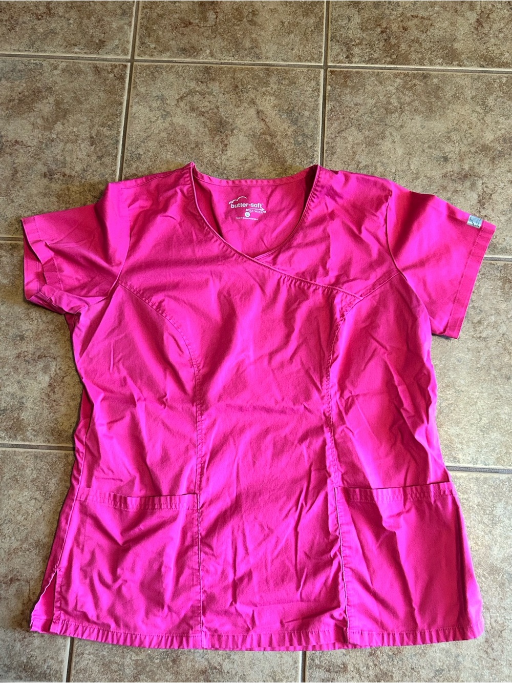 Butter Short Sleeve V-Neck Scrub Top in Bright Pink